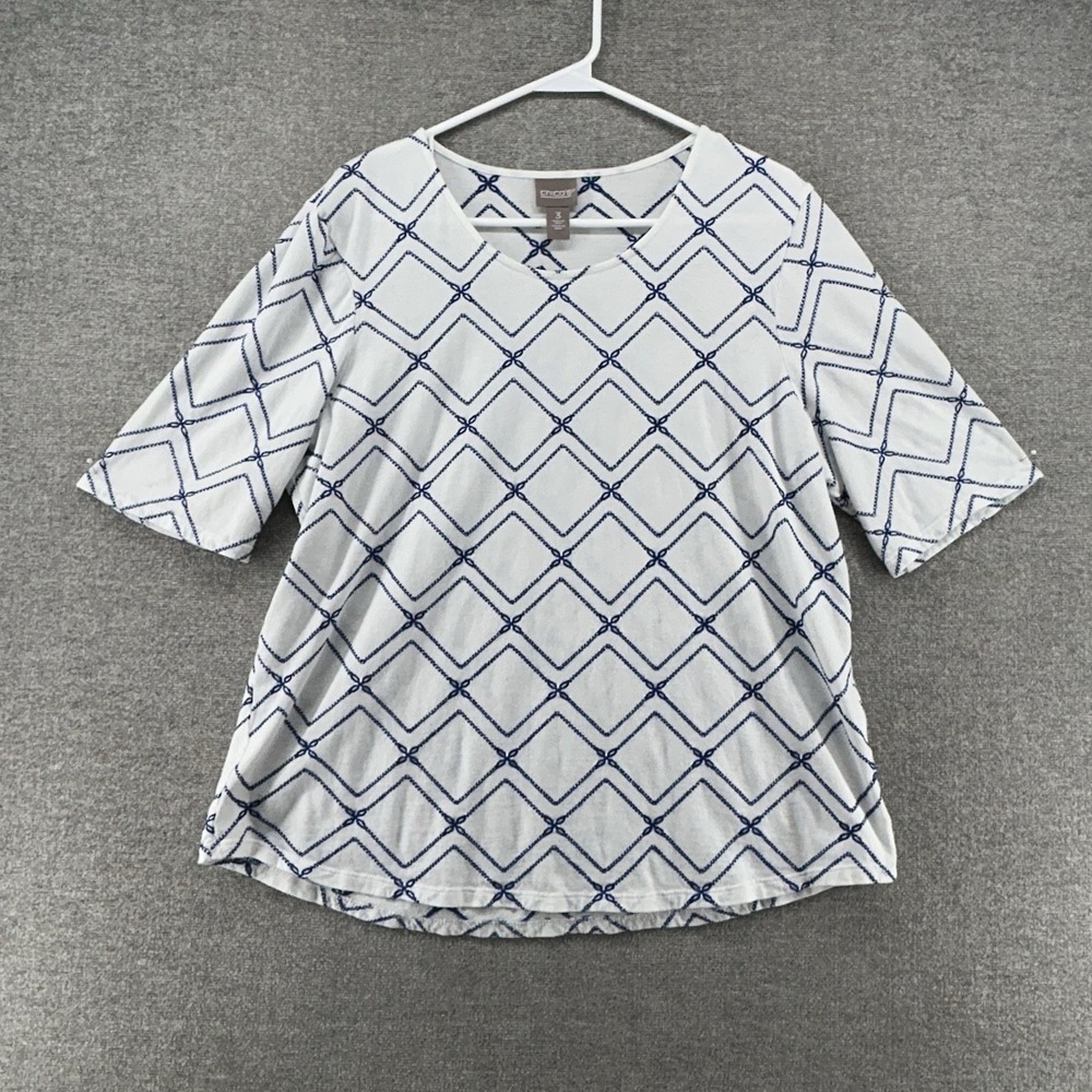 Chicos‎ Top Women Size 3 White Blue Geometric Pullover Casual Short Sleeve